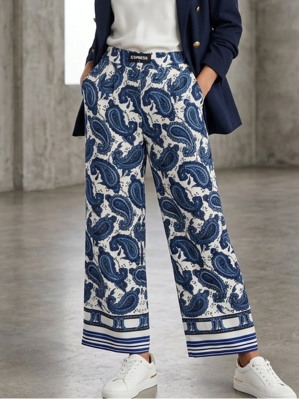 Express White and Navy Paisley Wide Leg Pants
